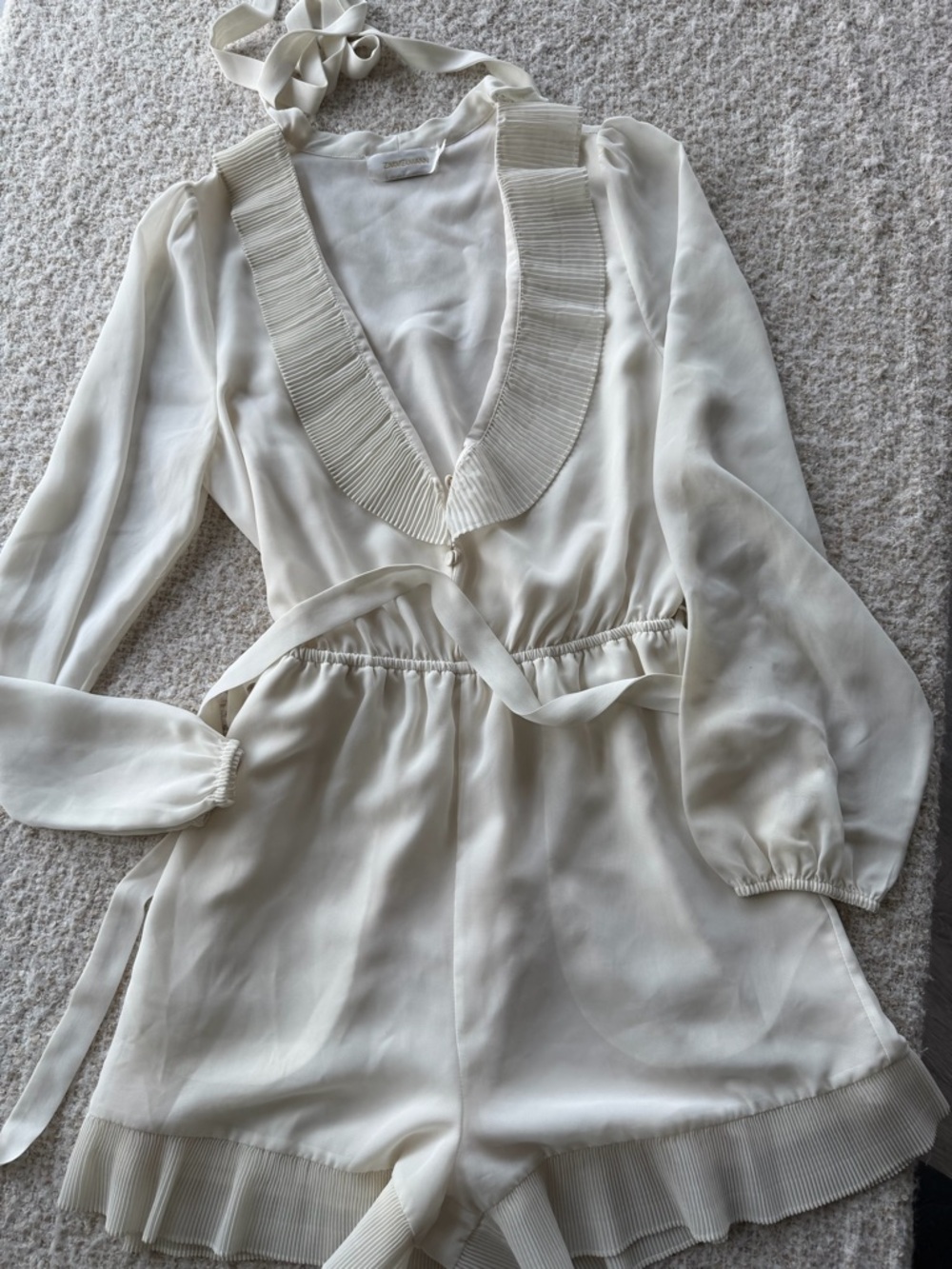 Zimmermann Silk Ruffle Romper Ivory Cream Tie Neck Long Sleeve Size 1
